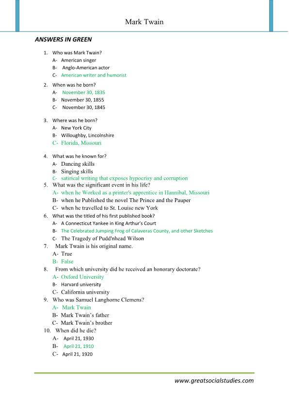 Mark twain facts, who was Mark twain, work sheets | GREAT SOCIAL STUDIES